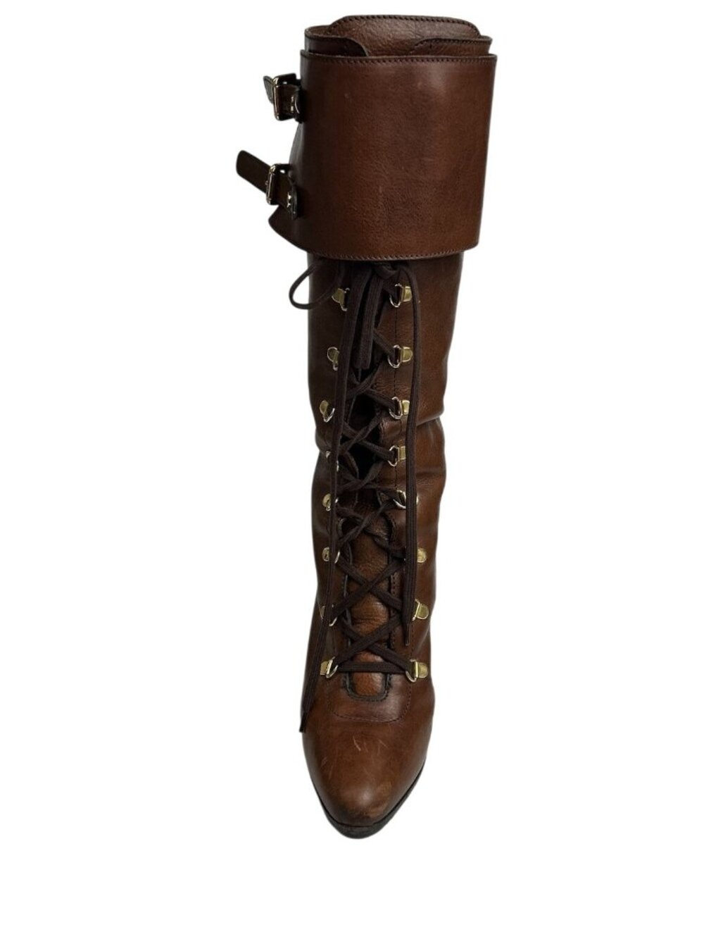 Ralph Lauren Collection 8B Brown Leather Lace Up Knee High Boots Buckle Heels - Picture 6 of 16